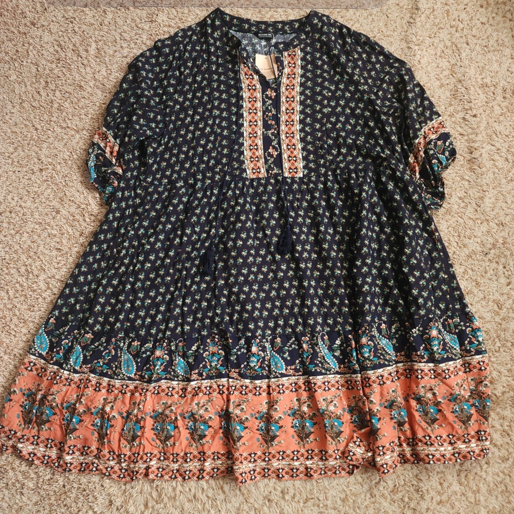 BloomChic Mini Dress Women 22-24 Navy Orange Floral Boho Tassel Rayon Tiered